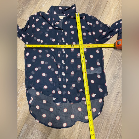 #15)  Hollister Navy Sheer Button-Down Shirt with White and Pink Polka Dots - Picture 4 of 5